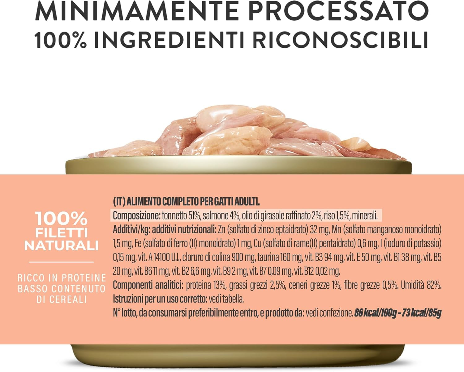 Tonno Salmone in Gelatina, Alimento umido completo per gatti, in scatola, con vitamine aggiunte, 100% naturale, 6 x 85 g
