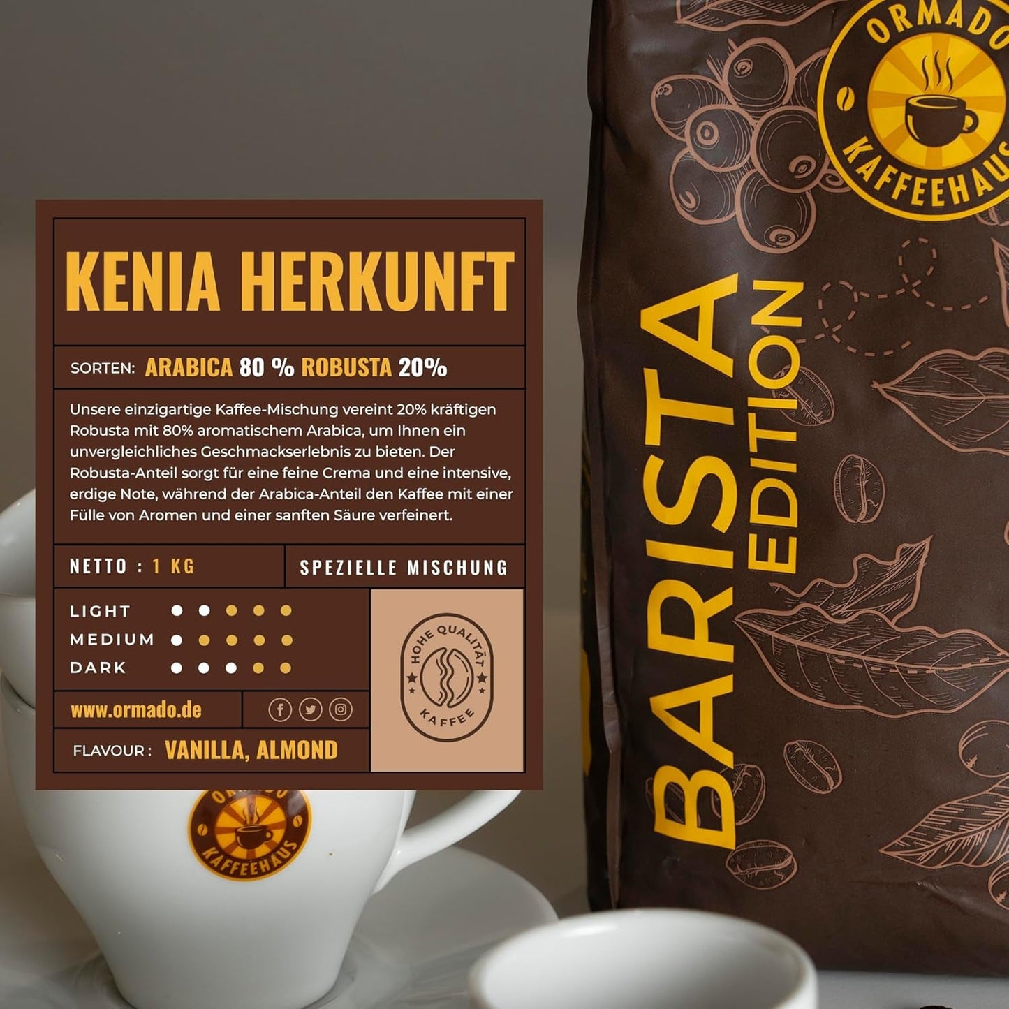 Ormado Coffee House, Capsule di caffè, Caffè in grani brevettato Kenya - Miscela Arabica e Robusta, Caffè in grani interi per macchine da caffè completamente automatiche, Chicchi tostati, Caffè corpo intero 1 kg, Completamente automatica