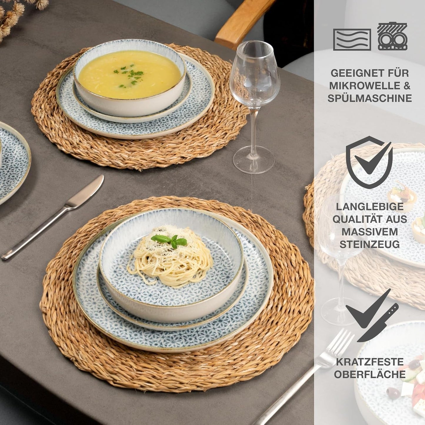 Moritz & Moritz ALHAMBRA Servizio Piatti per 6, 18 Pezzi, Porcellana di Alta Qualità - Stoviglie Moderne Blu - Set Di Facile Manutenzione Compreso 6 Piatti Piani, 6 Piatti Dessert e 6 Ciotole