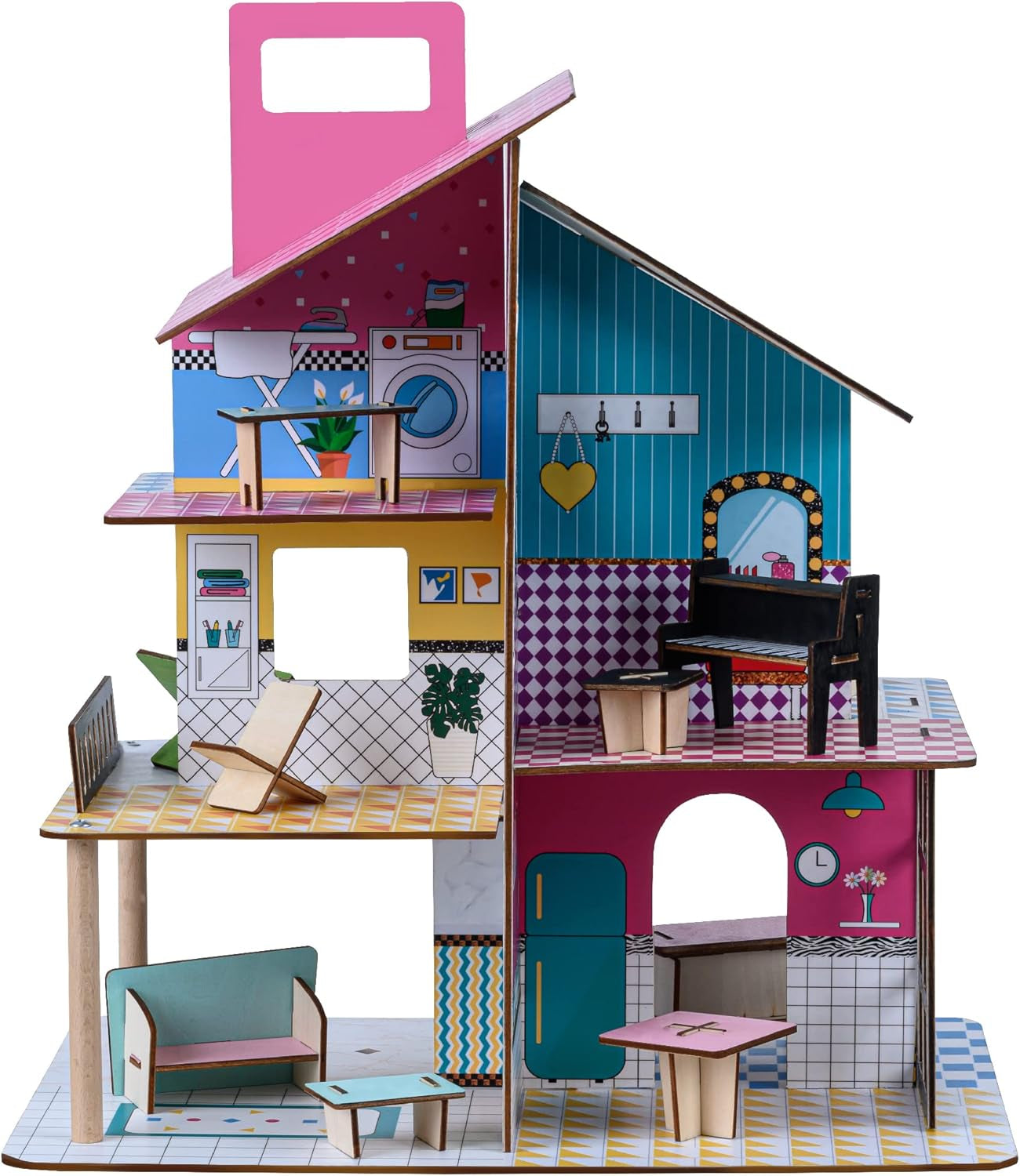 Casa delle bambole in legno per bambini Olivia's Little World 360, bambole da 3,5 pollici e 12 accessori, multicolore TD-13260C