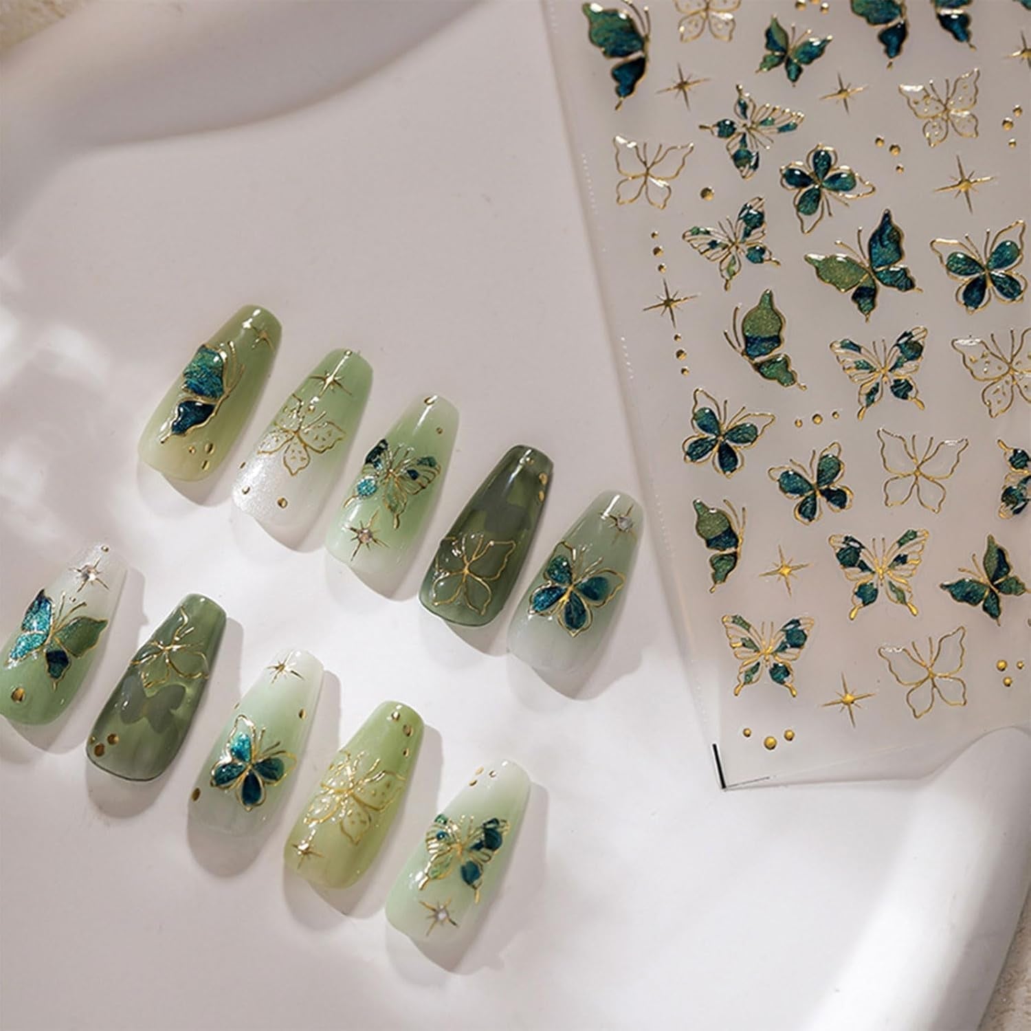 JMEOWIO 3D Nagelsticker Grün Gold Schmetterling Nail Art Sticker Self-klebend Nagelaufkleber 5D Stereoskopisch Dekoration Nageldesign Zubehör 1 Blatt