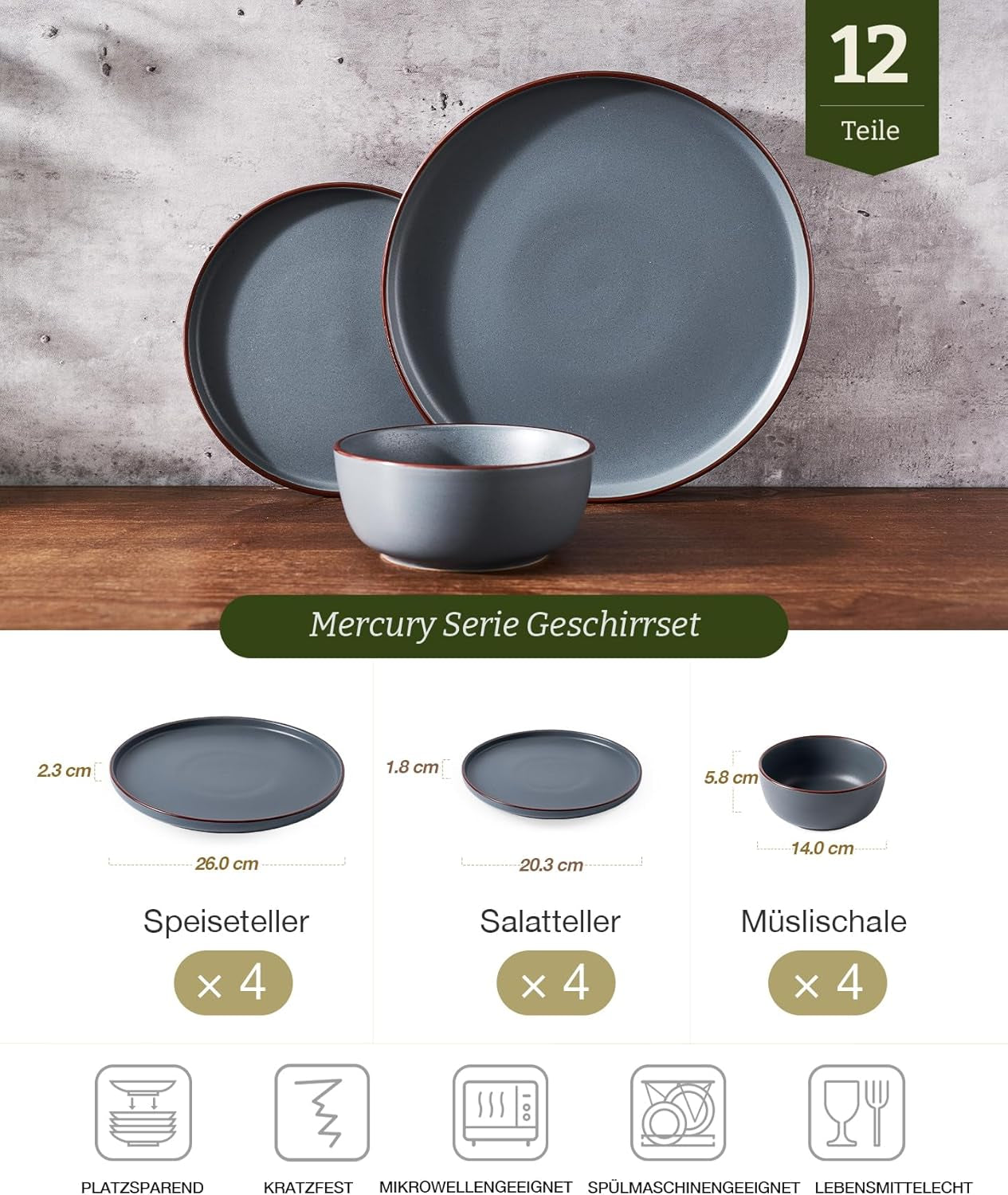 Set di stoviglie Mercury, set di stoviglie da 12 pezzi, set di stoviglie in gres per 4 persone con piatti piani, piatti da dessert, ciotole per cereali, adatto al microonde e alla lavastoviglie, grigio antracite