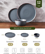 Set di stoviglie Mercury, set di stoviglie da 12 pezzi, set di stoviglie in gres per 4 persone con piatti piani, piatti da dessert, ciotole per cereali, adatto al microonde e alla lavastoviglie, grigio antracite