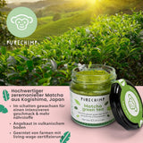 Polvere di matcha di grado cerimoniale Purechimp 50 g. Polvere di tè coltivata all'ombra pura al 100% per latte macchiato, infusi e ricette. Barattolo riciclabile. Ricco di antiossidanti.
