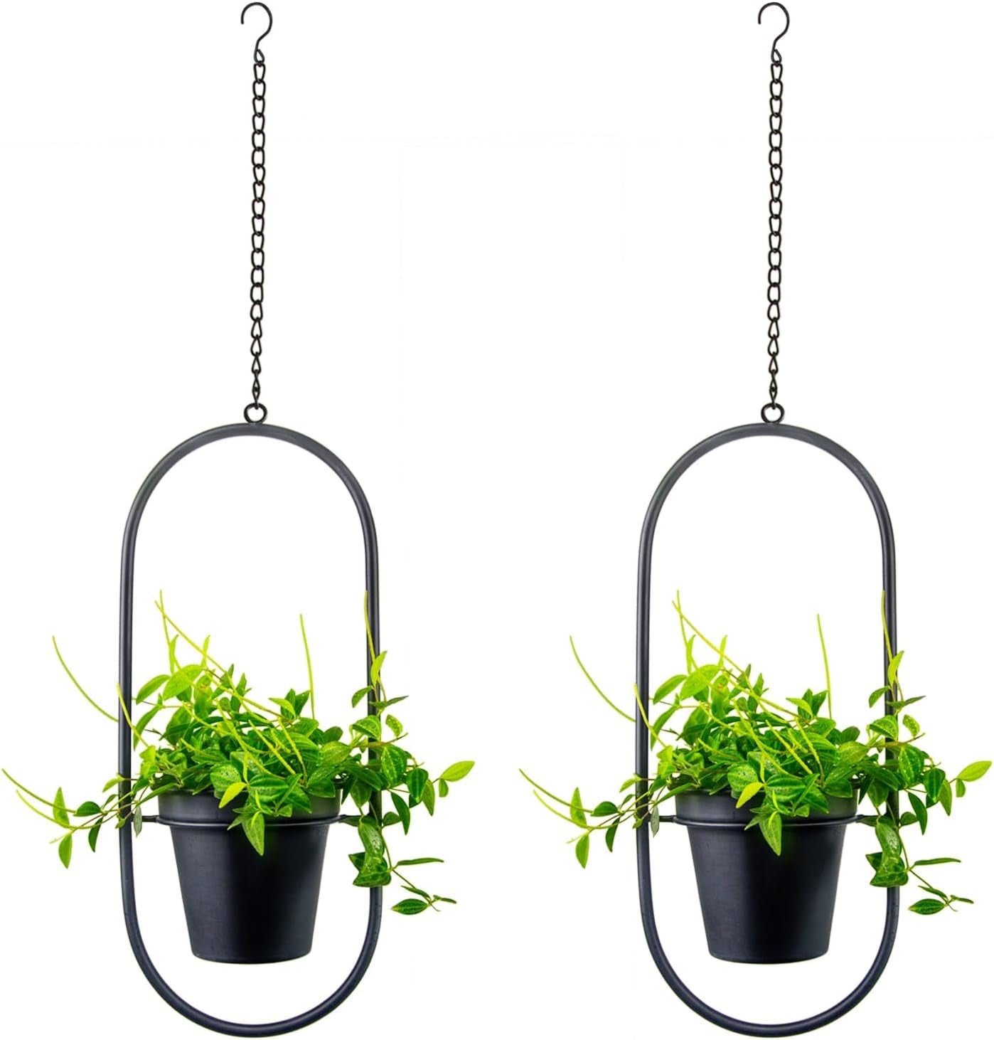 Vasi da fiori sospesi in metallo 2 pezzi Appendiabiti geometrico ovale nero con vasi Fioriera moderna da parete e soffitto Vasi da fiori da 15,2 cm per interni ed esterni 2 pezzi