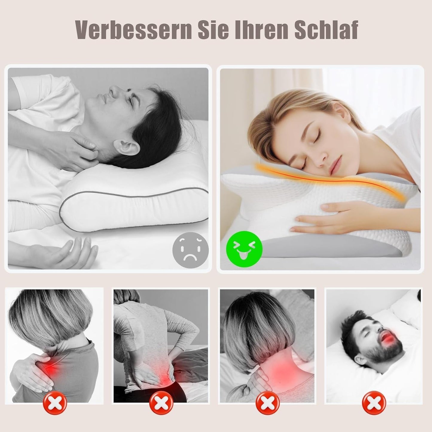Cuscino per il collo Cuscino ortopedico per la testa Cuscino in memory foam Cuscino per impatti laterali - Design ergonomico Forma cava Per impatti laterali, posteriori e addominali Cuscini ortopedici cervicali grigio chiaro Naty Shop