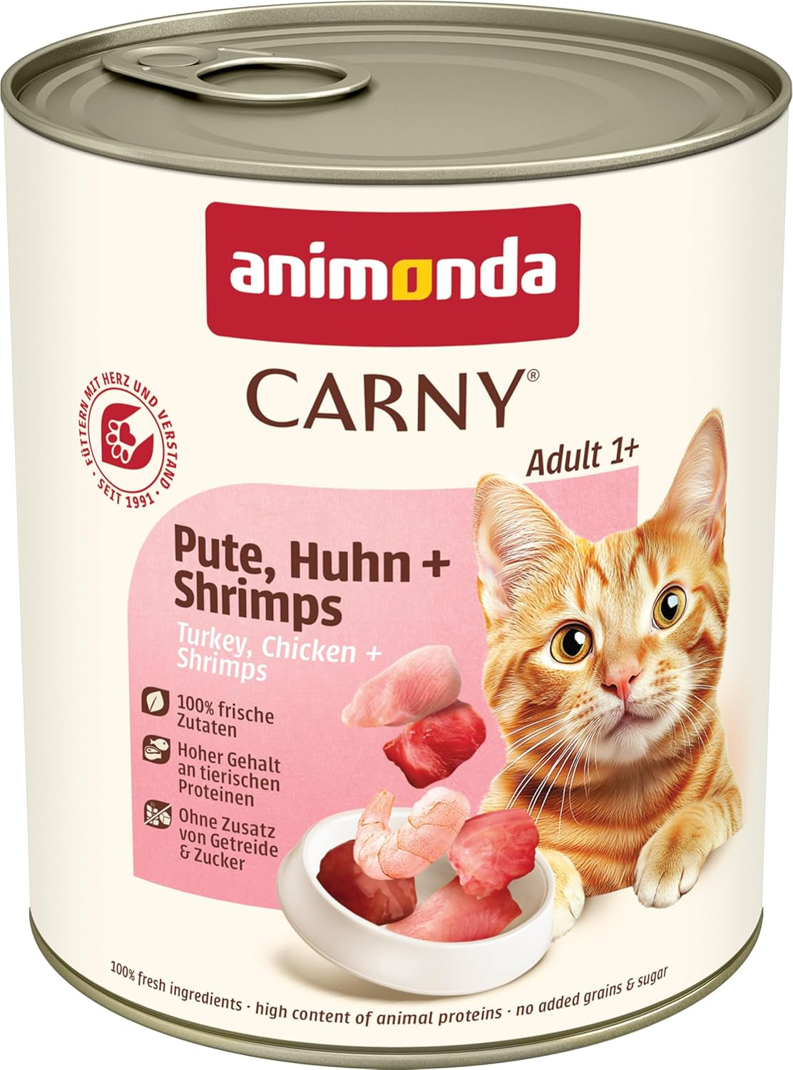 Animonda Carny cibo umido per gatti tacchino + pollo + gamberetti (6 x 800 g), cibo umido senza cereali e senza zucchero con ingredienti a base di carne fresca