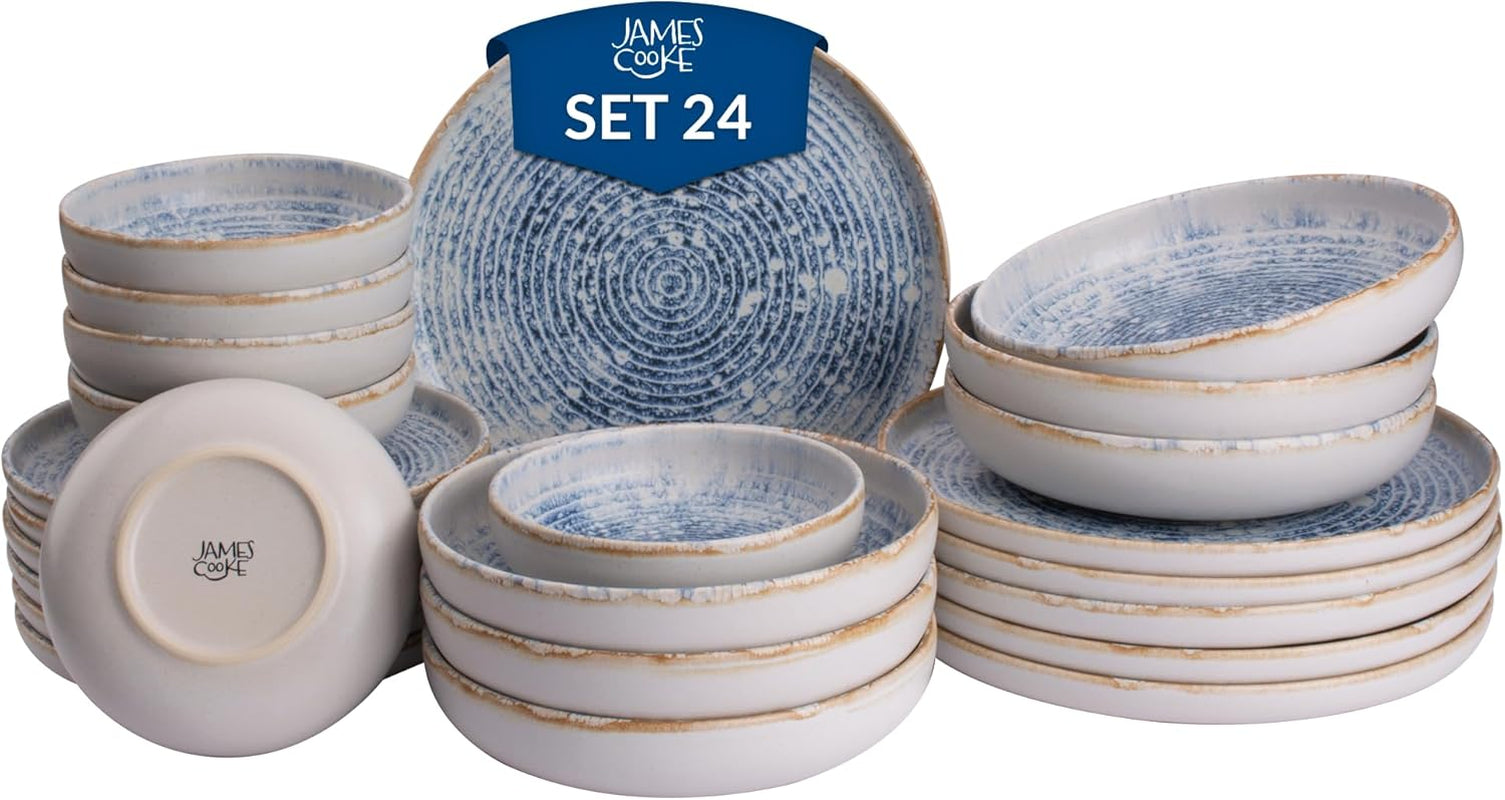 Set di stoviglie in gres vintage Azure per 6 - 24 pezzi - Strisce bianche e blu, superficie goffrata - Lavabile in lavastoviglie, forno e microonde