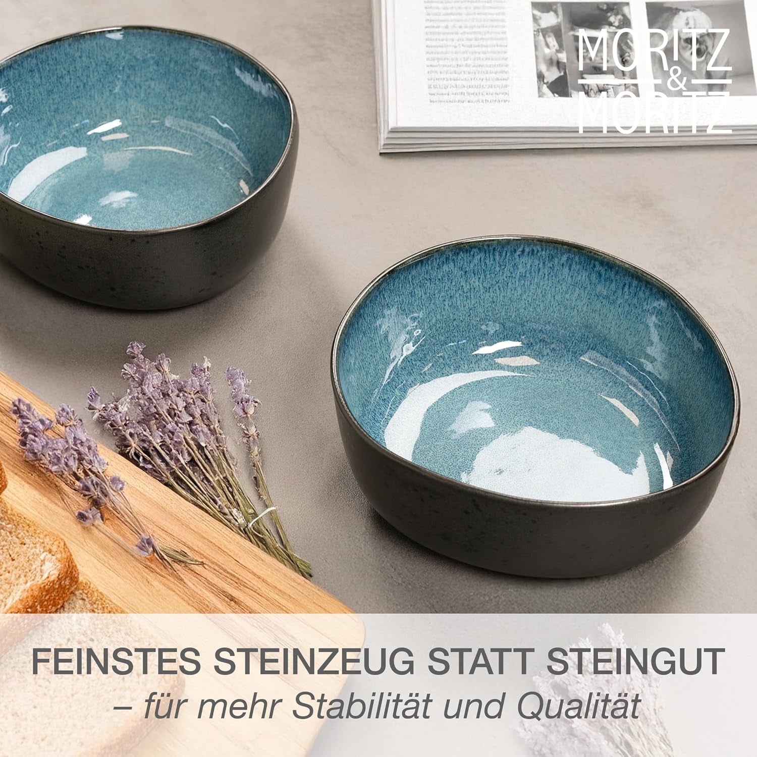 Moritz & Moritz ORGANIC Set di ciotole da portata, Blu - 2 grandi ciotole in gres di alta qualità, moderne e senza tempo, adatte al microonde e alla lavastoviglie - perfette per insalate, pasta, snack e altro ancora