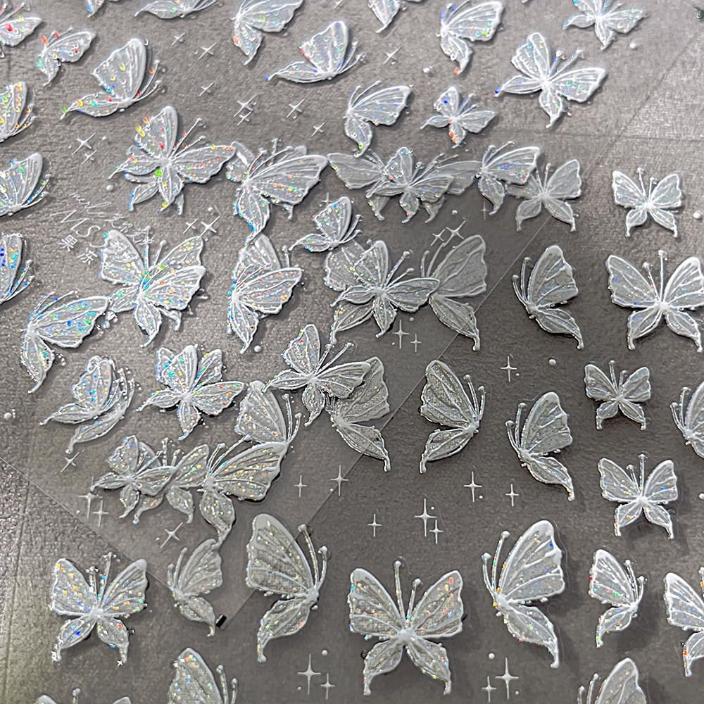 Aurora Muschel Schmetterling Nagelsticker Weiß Schmetterlinge Nail Sticker Gelee Relief Butterfly Nagelaufkleber Y2K Farfalle Nagel Sticker Nägel Nageldesign Nagel Zubehör Nail Art Stickers Nail art