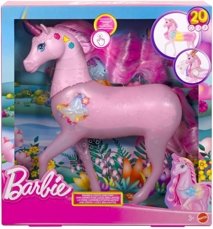 Barbie unicorno che si illumina al buio con 20 combinazioni interattive di effetti luminosi, sonori ed musicali per giocare premendo i pulsanti e accarezzando la testa, JCP78