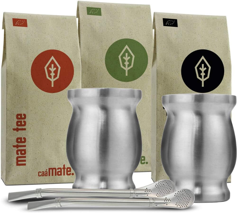 Set da tè Mate Bio ● 3 assortimenti Mate + 2 tazze Mate in acciaio inossidabile a doppia parete + 2 bombillas + istruzioni per la preparazione (nero)