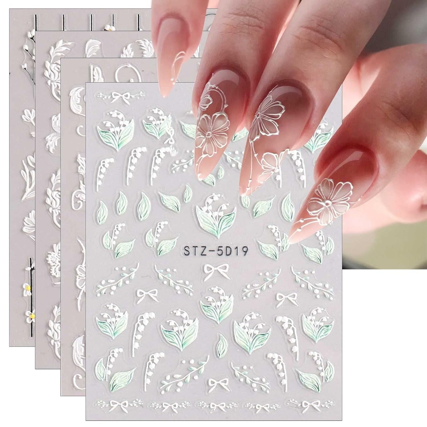 JMEOWIO 3D Nagelsticker Frühling Blume Nail Art Sticker Selbstklebend Nagelaufkleber 5D Stereoscopic Buntes Sommer Blumen Dekoration Nageldesign Zubehör 4 Blatt
