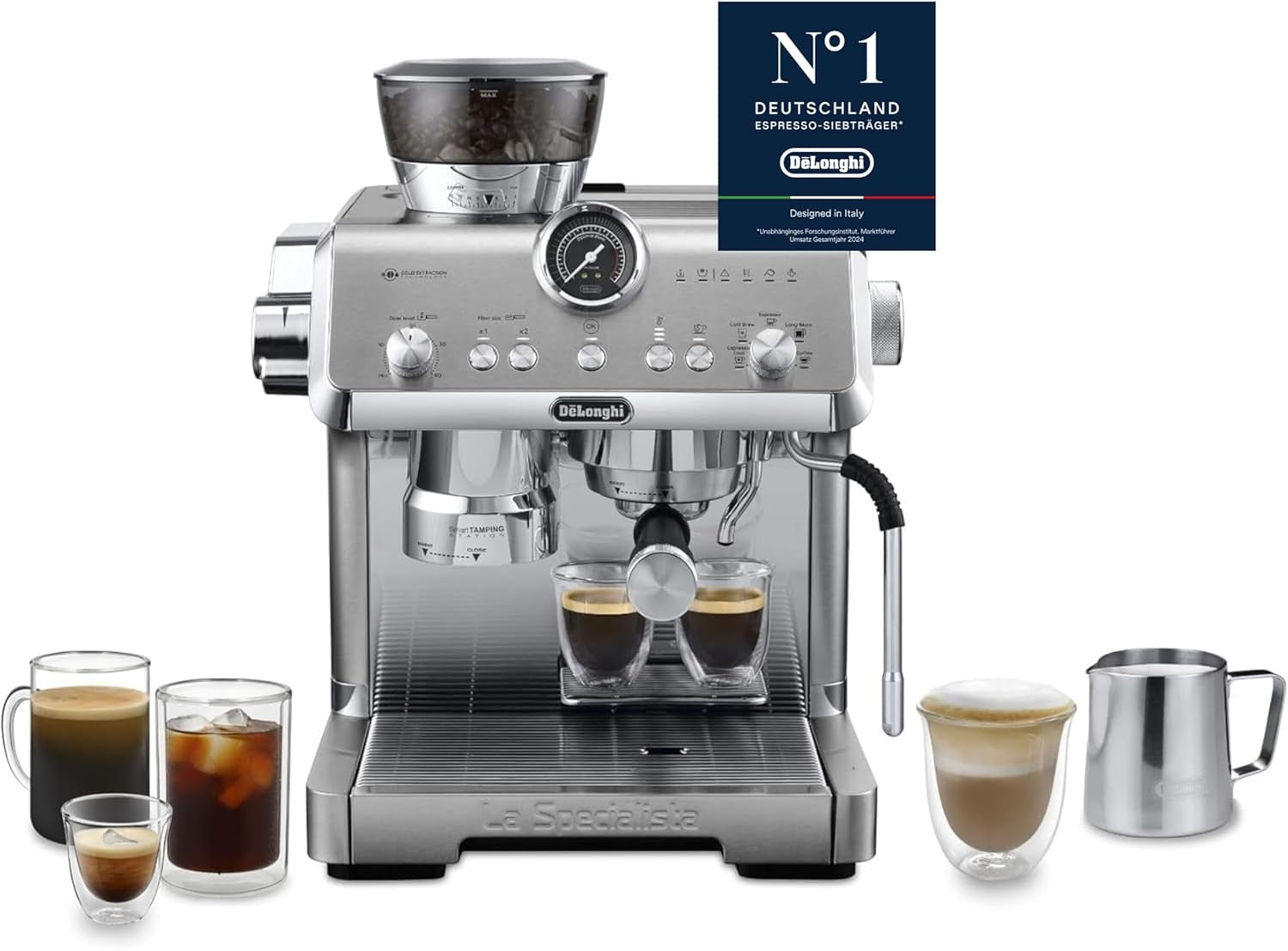 De'Longhi La Specialista Arte EC9155.MB macchina per caffè espresso portafiltro con macinacaffè, 8 impostazioni di macinatura, pressione 15 bar, 3 impostazioni di temperatura, montalatte, 1550 W, serbatoio da 1,7 litri, acciaio inossidabile/nero, incluso kit barista