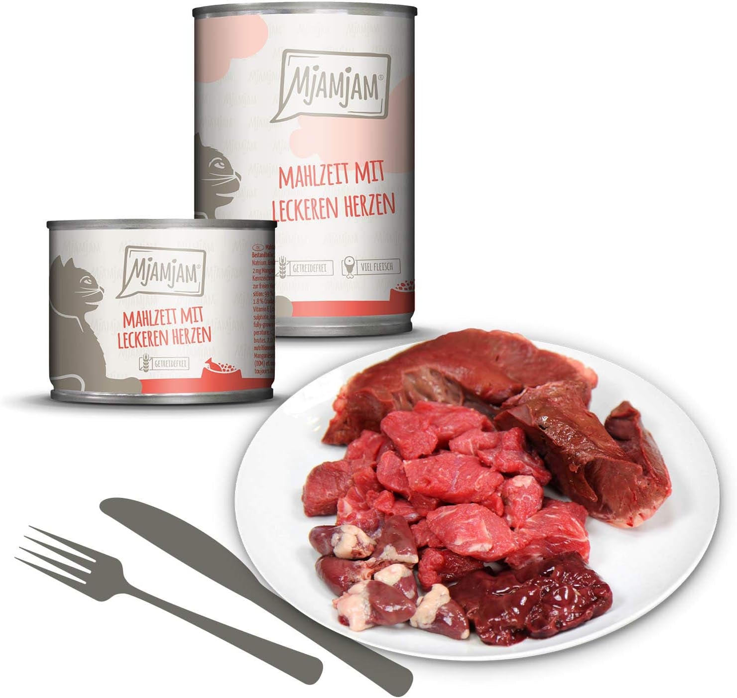 MjAMjAM - Cibo umido premium per gatti - Confezione mista I - Confezione da 6 pollo, manzo, cuori (6 x 200 g), senza cereali con carne extra