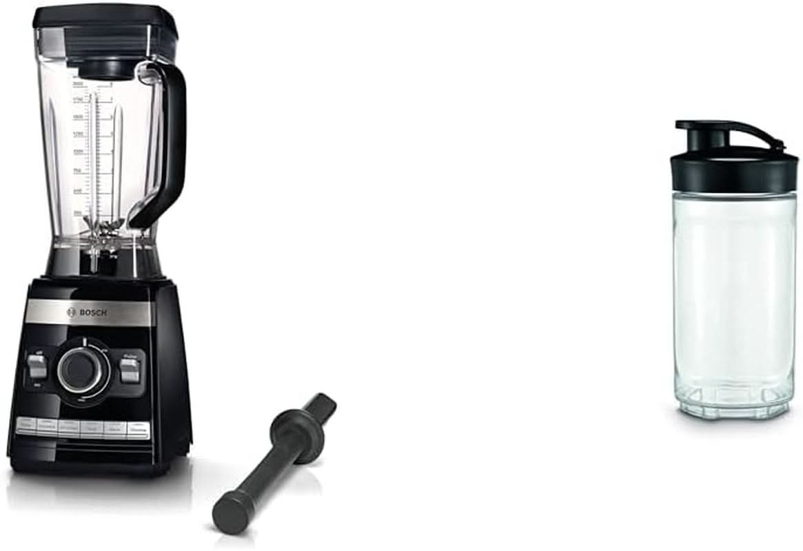 Bosch Robot da cucina Vitaboost MMBH6P6BDE, 6-Klingen-Edelstahlmesser, 2.5L Tritan-Mixbehälter, Stopfer, 6 Automatikprogramme, Rezeptbuch, Bpa-Frei, Einfache Reinigung, 45.000 U/Min, 1600 W, Schwarz Bucatarie Naty Shop Bundle Mit Becher 300Ml 6 Programma automatico Deutsches Rezeptbuch