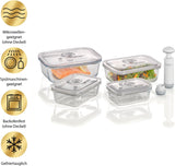 Caso VacuBoxx E-Set - 4 contenitori sottovuoto quadrati estremamente stabili e set di contenitori sottovuoto, contenitori infrangibili e lavabili in lavastoviglie, 3 contenitori sottovuoto per alimenti e liquidi sensibili alla pressione Contenitori per alimenti Naty Shop