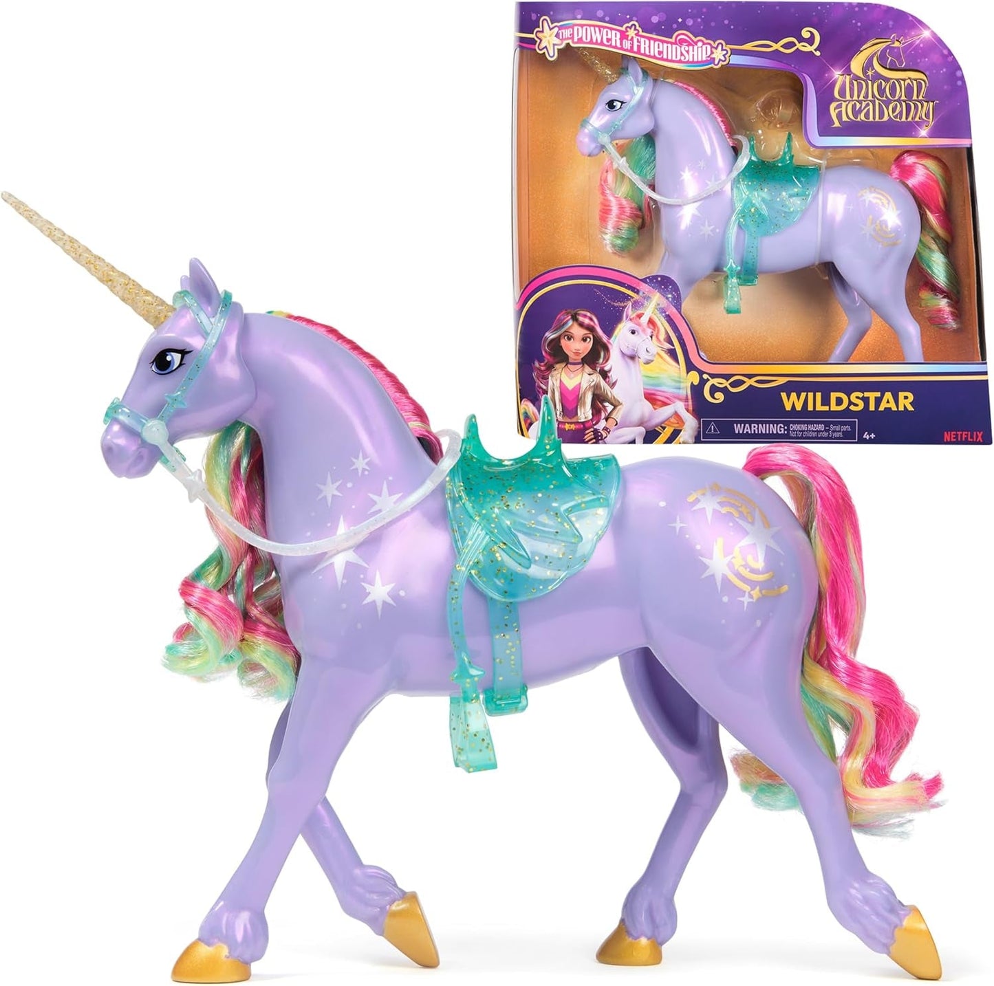 Wildstar Unicorn di Unicorn Academy - Unicorno originale Sophia alto 28 cm della serie Netflix con vera criniera e coda, briglie, sella e spazzola rimovibili, dai 4 anni in su
