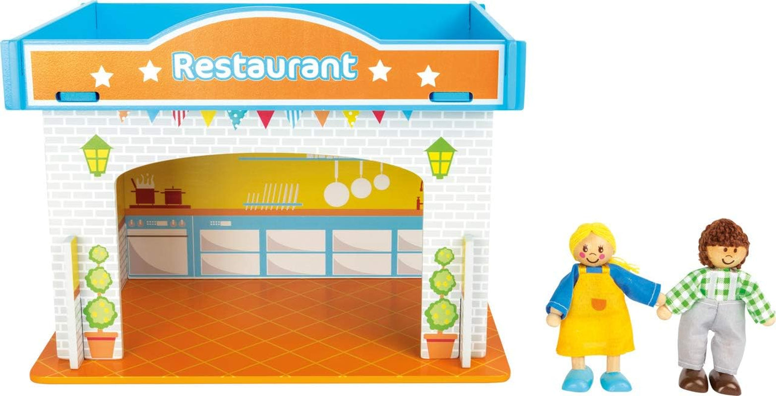 Small Foot 10852 Casetta da gioco Ristorante In legno, Con 2 bambole, accessori e tetto rimovibile, A partire da 3 anni Naty Shop Case delle bambole