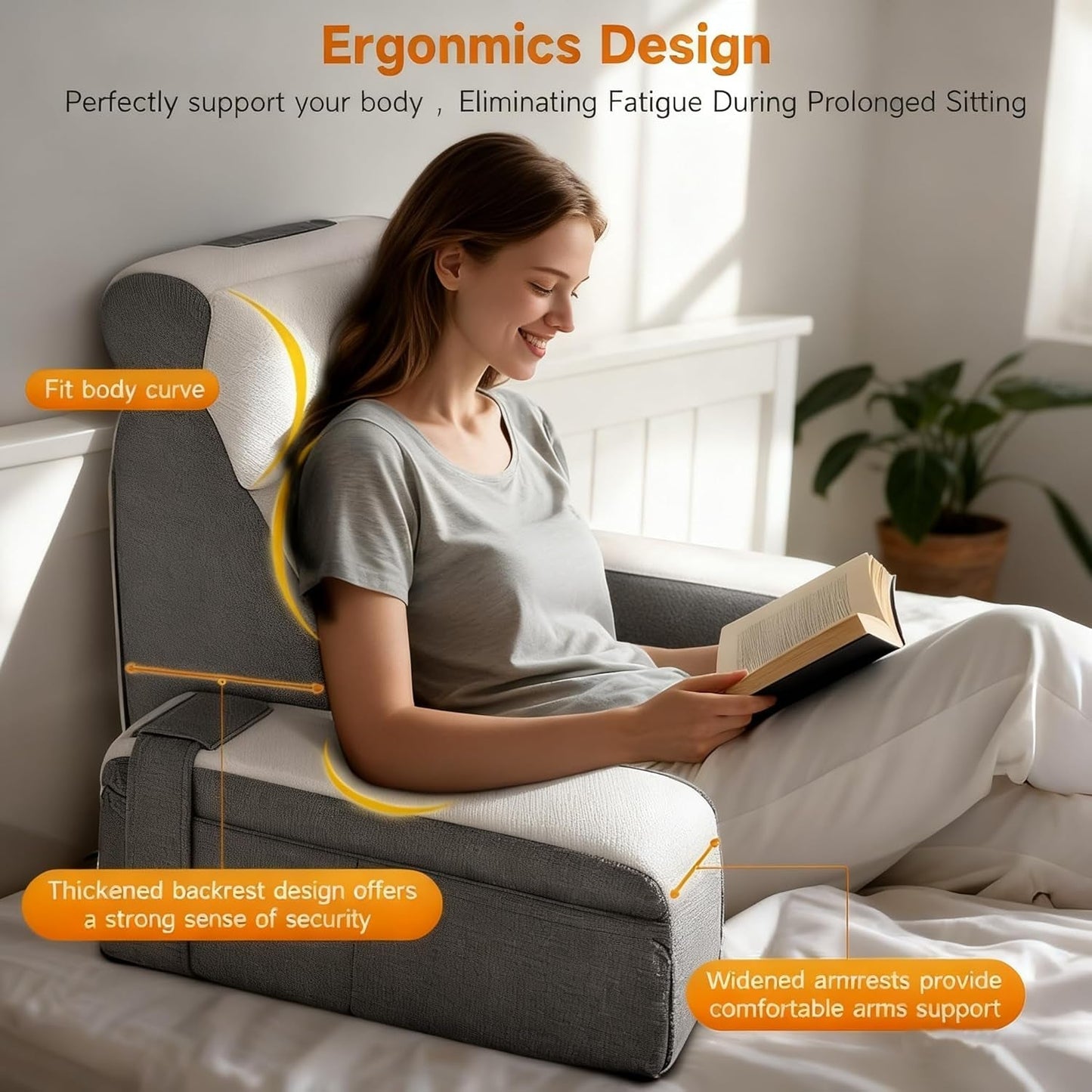 Ampio cuscino da lettura con supporto per collo e braccioli removibili, cuscino schienale per letto, cuscino schienale ergonomico con bracciolo, tasca e fodera lavabile per leggere e guardare la TV.