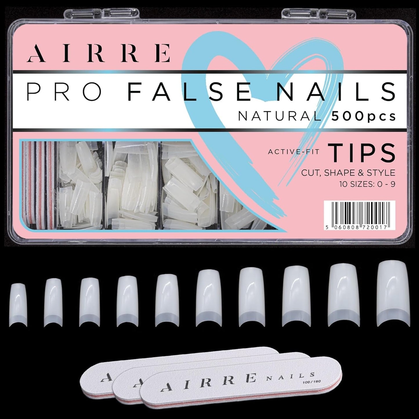 AIRRE 500 Unghie in gel professionali e 3 lime per scatola - (10 misure) Unghie finte French Half Moon, Uso in salone e a casa, Taglio, limatura e modellatura, Gel UV/LED, Smalto per unghie e Nail Art (Naturale)