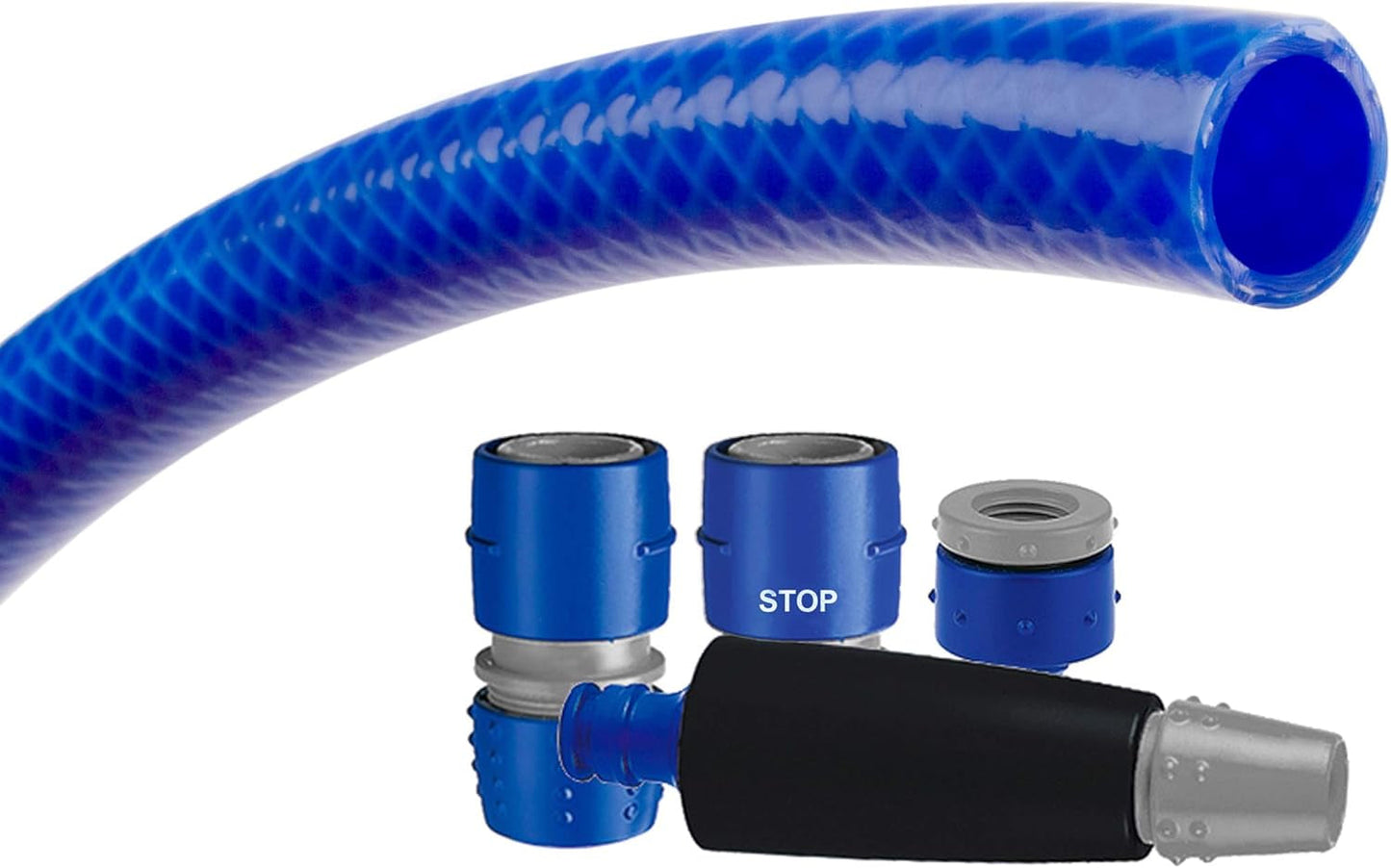 Set tubo da giardino TATAY Blue Line 10 metri Ø5/8" 15mm, 3 strati, prodotto in Spagna, resistenza 28 bar e +60°/-20°, intrecciato, senza cadmio e piombo, senza BPA, anti-UV. Colore blu.