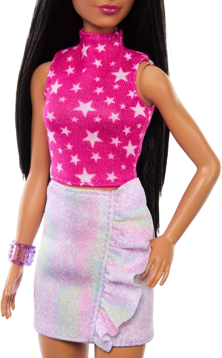 Bambola Barbie Fashionistas n. 215 con capelli neri lisci, top con motivo a stelle rosa e gonna iridescente, bambola alla moda da collezione per il 65° compleanno HRH13 Naty Shop Dolls
