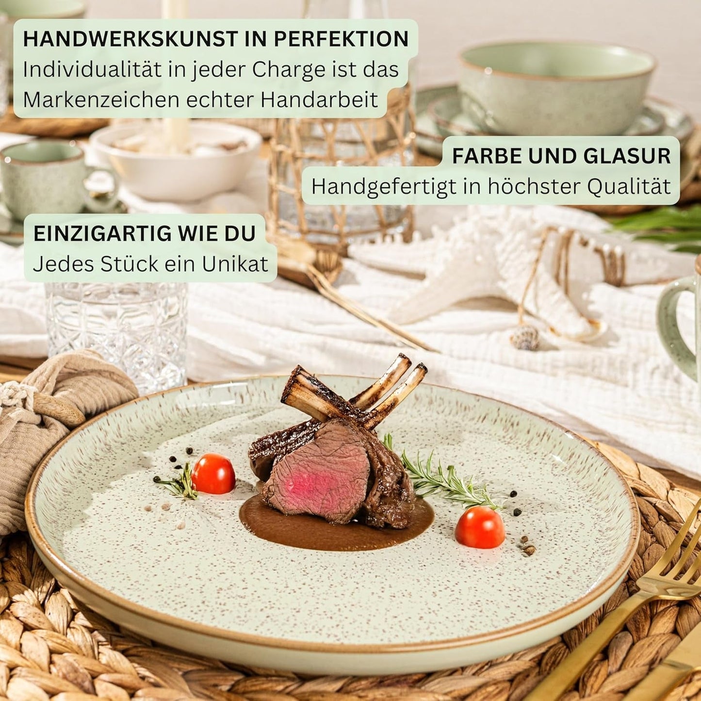 SÄNGER Rio Menta | Set di Stoviglie in Gres per 6, 6 Piatti, 6 Piatti da Dessert, 6 Ciotole, Verde Menta | LA COLLEZIONE DI VALORE