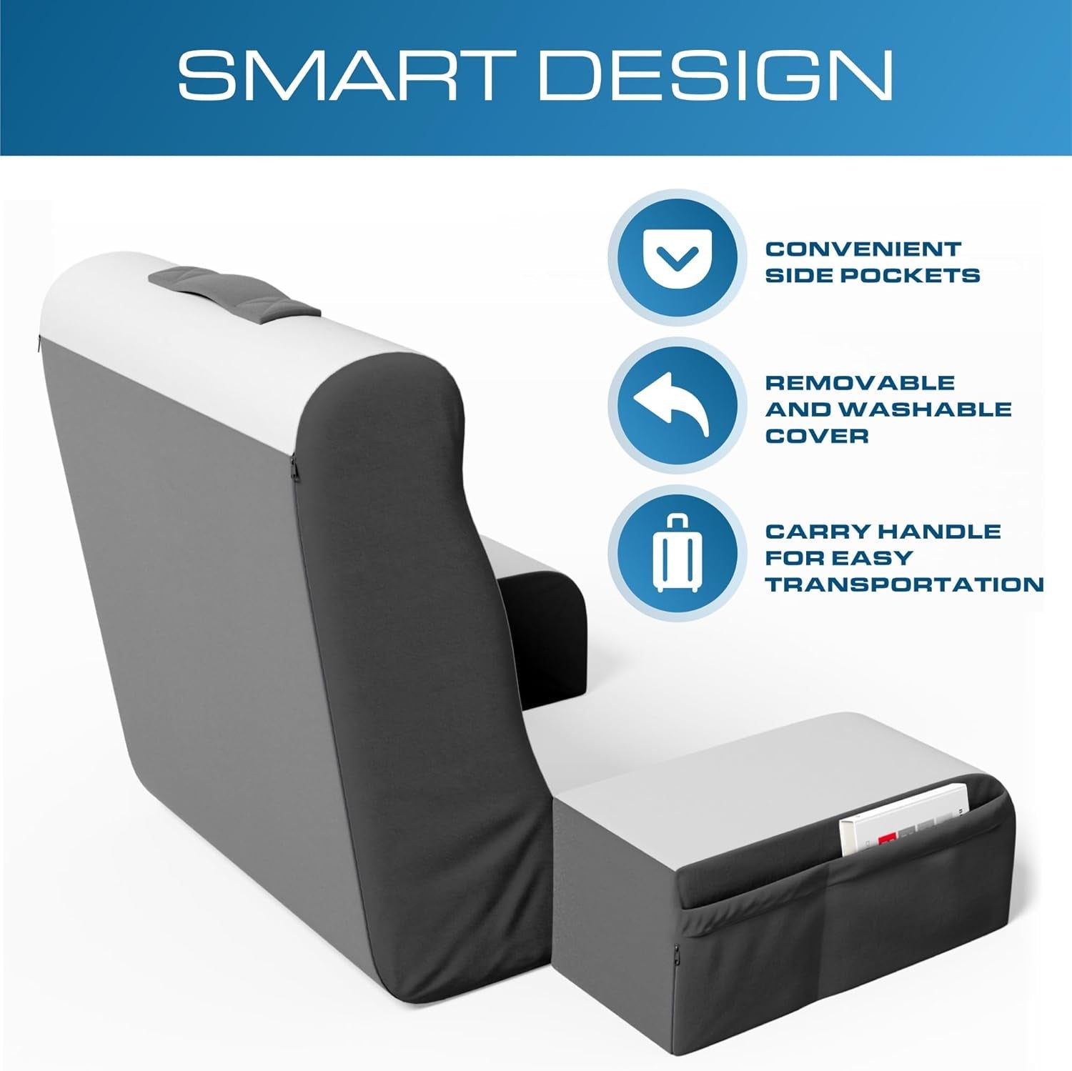 Cuscino per lettura a cuneo, Cuscino per schienale letto, Cuscino per braccioli per TV, Libri, Giochi, Camera da letto, Supporto per la schiena (Grigio/Bianco, Standard)