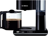 Bosch Styline TKA8013 Macchina per caffè espresso con filtro, sensore aroma, caraffa in vetro preserva aroma da 1,25 l, 10-15 tazze, spegnimento automatico, sistema di decalcificazione, sistema antigoccia, portafiltro girevole, 1160 W, Nero