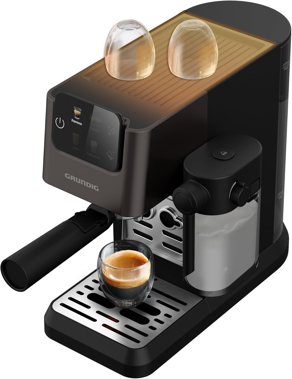 Macchina per caffè espresso portafiltro GRUNDIG KSM 5330 con contenitore del latte integrato, potenza 1628 W, pressione della pompa 15 bar, doppio ugello, display touch a colori, BrewSense, CreamyPro, Acciaio inossidabile scuro/Nero