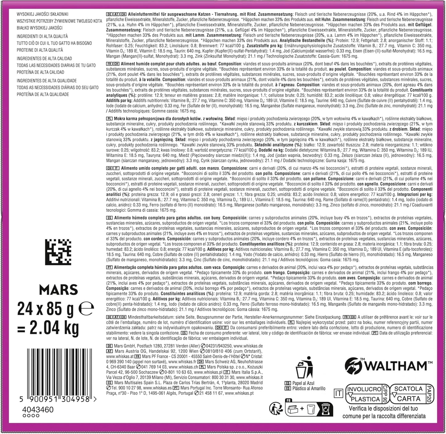 WHISKAS PURE DELIGHT Alimento umido in gelatina 24 x 85g Ragù Classico (4 confezioni) 48 buste porzionate