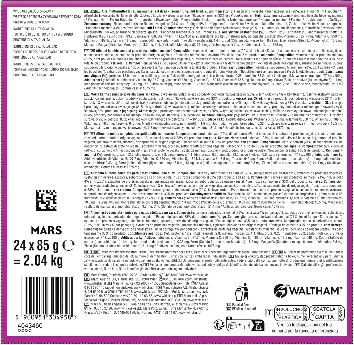WHISKAS PURE DELIGHT Alimento umido in gelatina 24 x 85g Ragù Classico (4 confezioni) 48 buste porzionate