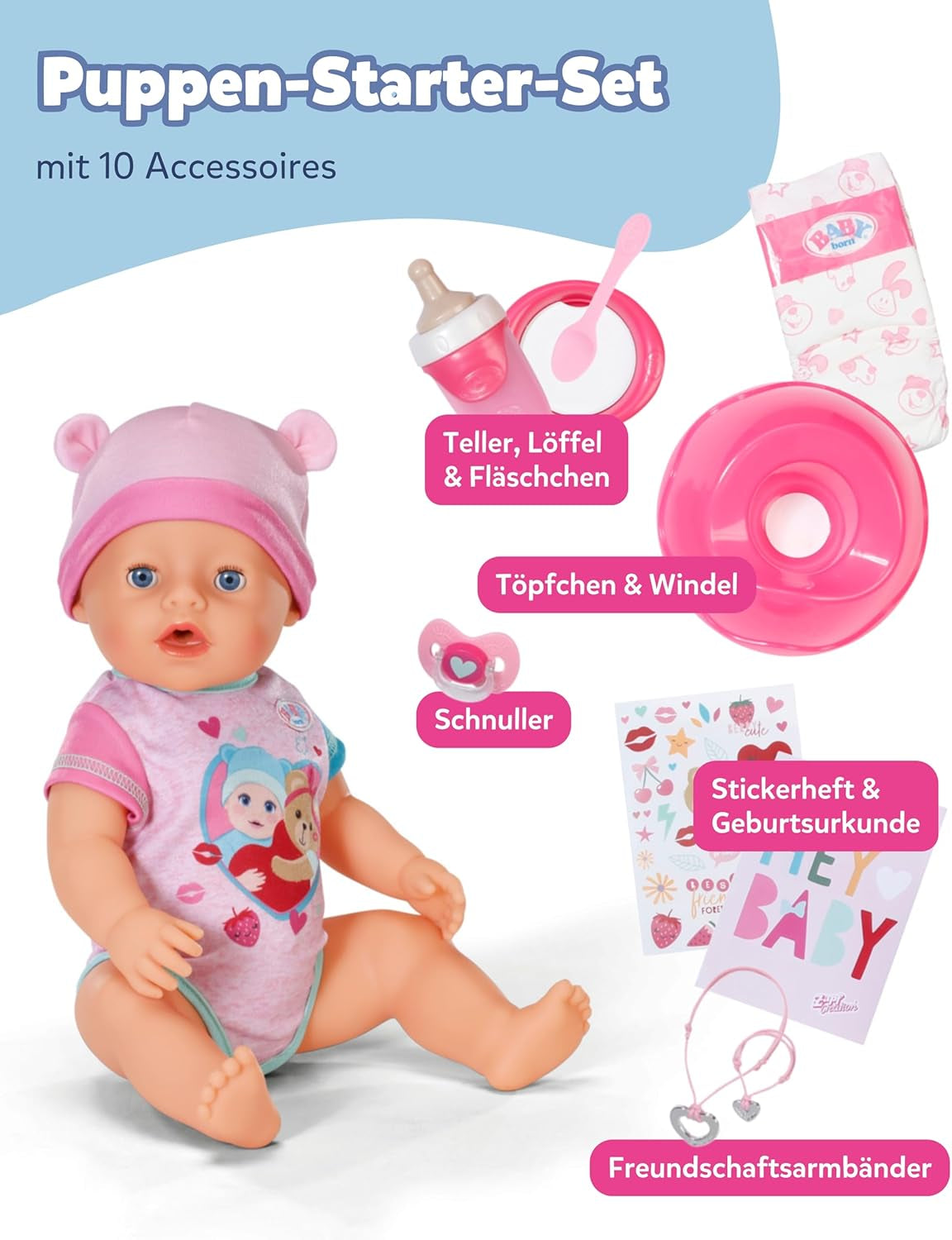 BABY Born Emma - bambola baby 43 cm - 10 funzioni inclusi accessori e materasso - Funziona completamente senza batterie - Adatto a bambini dai 3 anni in su