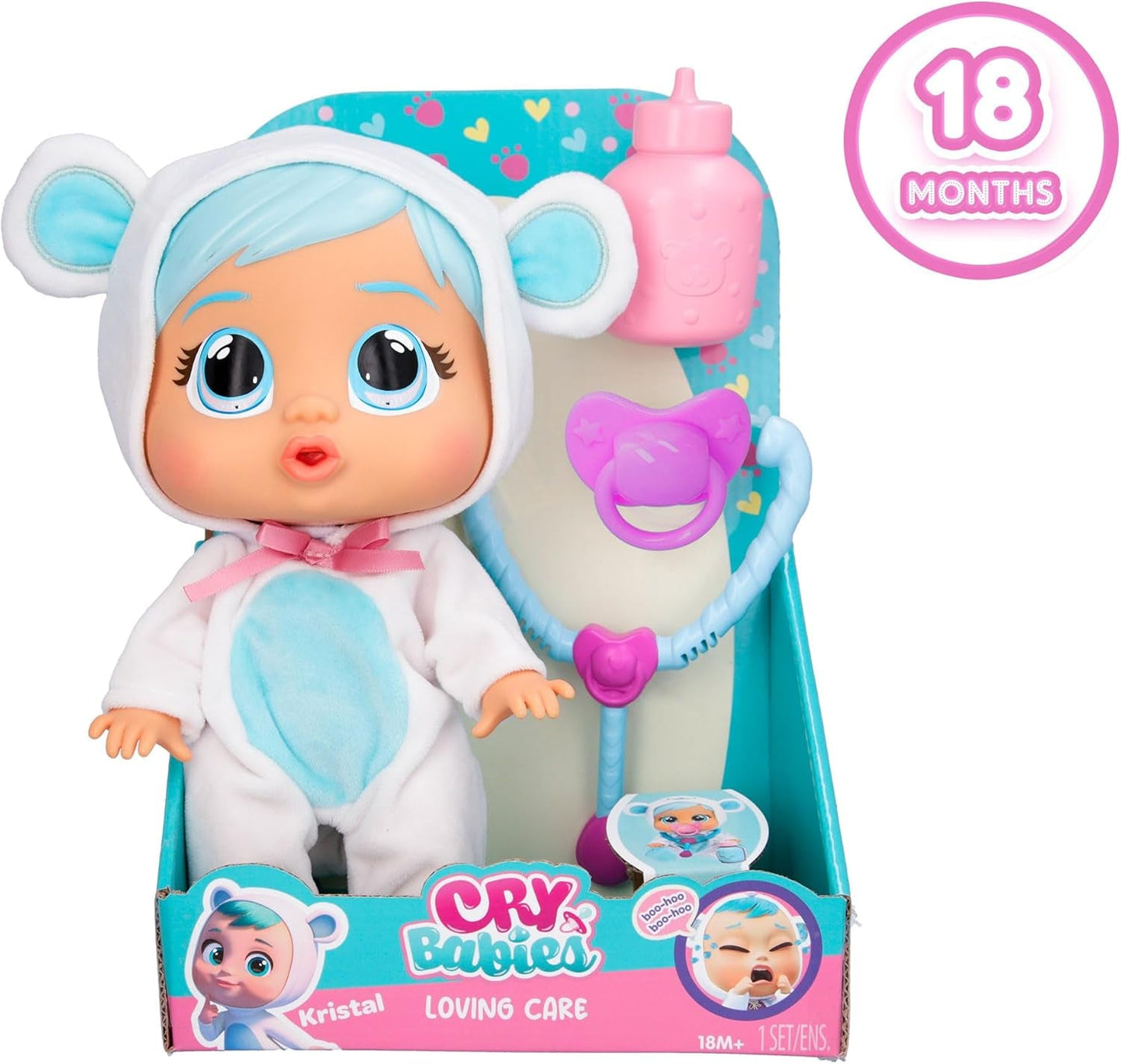 Cry Babies Loving Care Kristal bambola, bambola Kristal Loving Care con 3 accessori per giocare con il dottore, assistenza infermieristica, piangere con lacrime vere, giocattolo per bambini di 18 mesi