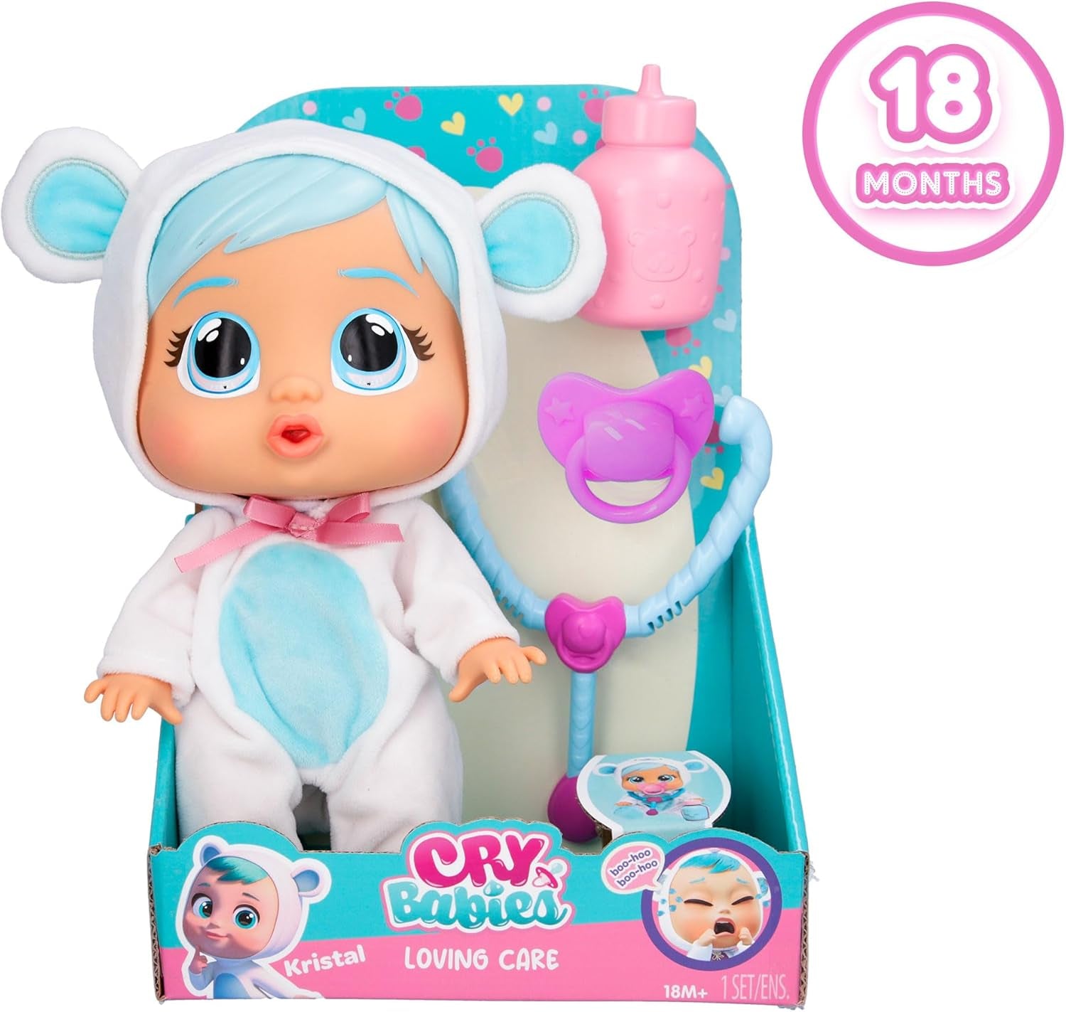 Cry Babies Loving Care Kristal bambola, bambola Kristal Loving Care con 3 accessori per giocare con il dottore, assistenza infermieristica, piangere con lacrime vere, giocattolo per bambini di 18 mesi