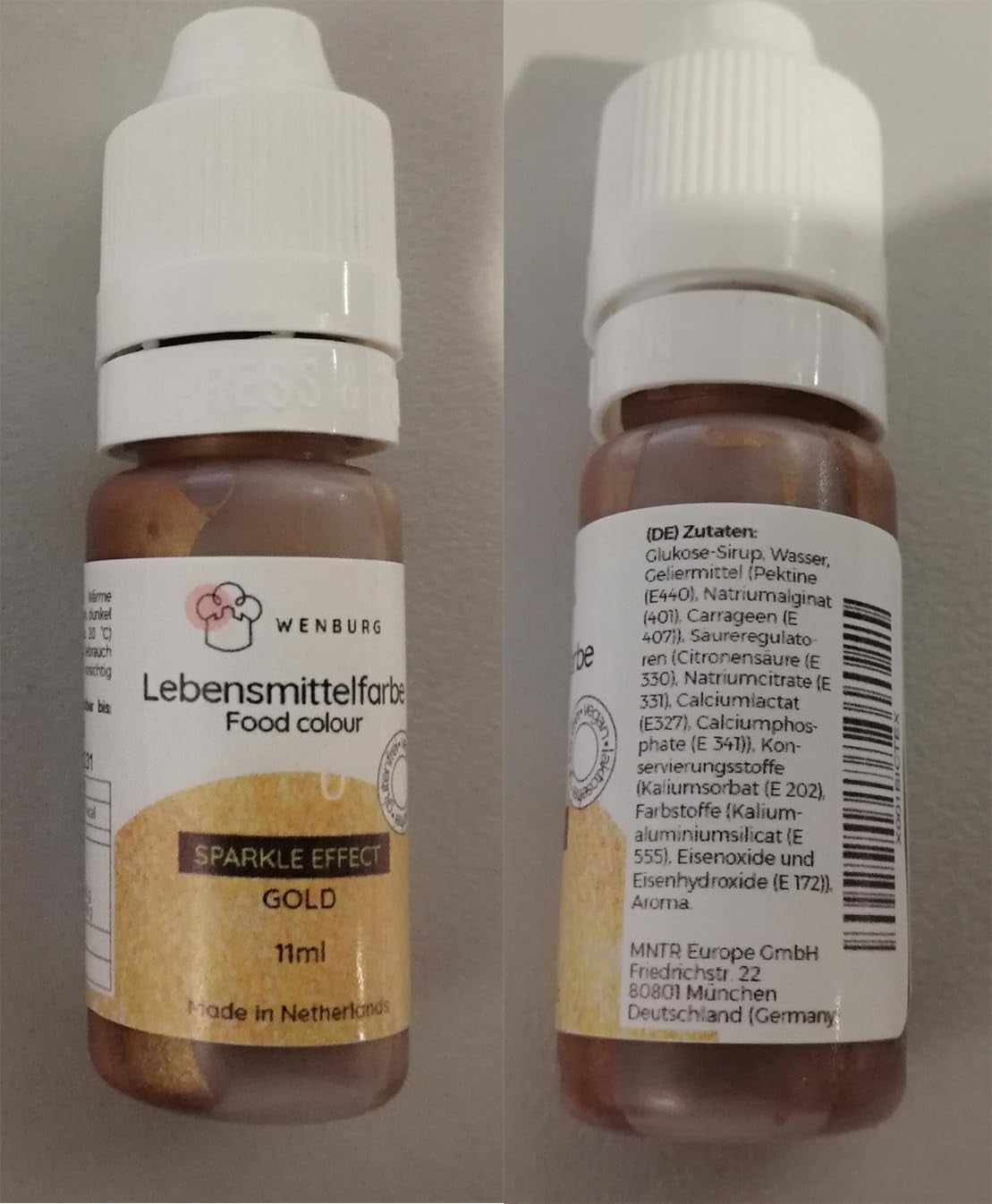 Colorante alimentare Wenburg, glitter, 11 ml, concentrato, prodotto in UE, liquido. Per colorare impasti, bevande, aromi, slime - colorante alimentare glitter oro - colorante torta oro - glitter oro