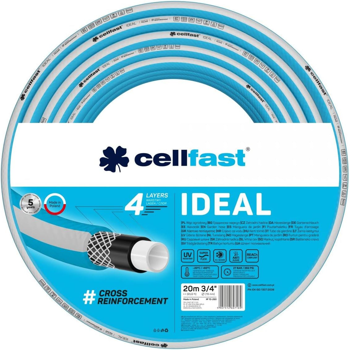 Tubo da giardino Cellfast IDEAL, Durevole, Flessibile, 4 strati, Treccia incrociata durevole, Resistente ai raggi UV e alle alghe, Tecnologia REACH, 27 bar, -20/+60° breve termine 3/4", 20m