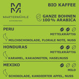 Set campioni di caffè in grani biologici Martermühle 3x250g di forza leggera/media I Arabica I Chicchi di caffè biologici interi leggermente tostati, bassa acidità (68/74/426)