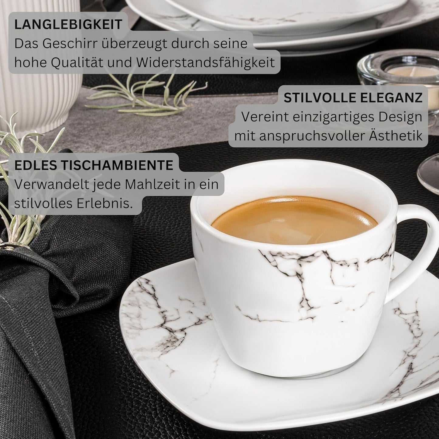 SANGER | Servizio Piatti Combinati in Marmo Bilgola Servizio Piatti 36 Pezzi per 6 con Piatti Piani, Piatti Dessert, Piatti Suma, Ciotole Cereali, Piattini Caffè e Piattini in Porcellana, Quadrati | LA COLLEZIONE PREMIUM