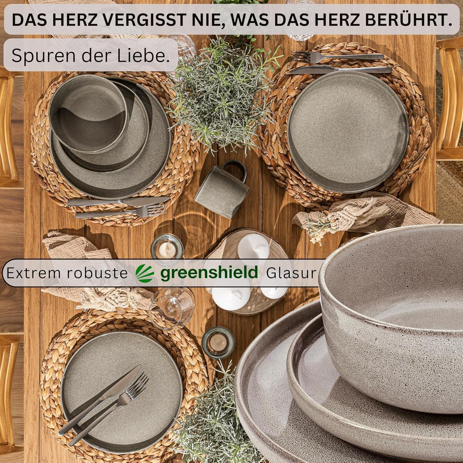 SÄNGER Cairo Clay | Set di stoviglie da 24 pezzi, set di stoviglie in gres per 6 persone, 6 piatti, 6 piatti da dessert, 6 ciotole per pasta, 6 ciotole da portata, set di stoviglie grigio | LA COLLEZIONE DI VALORE