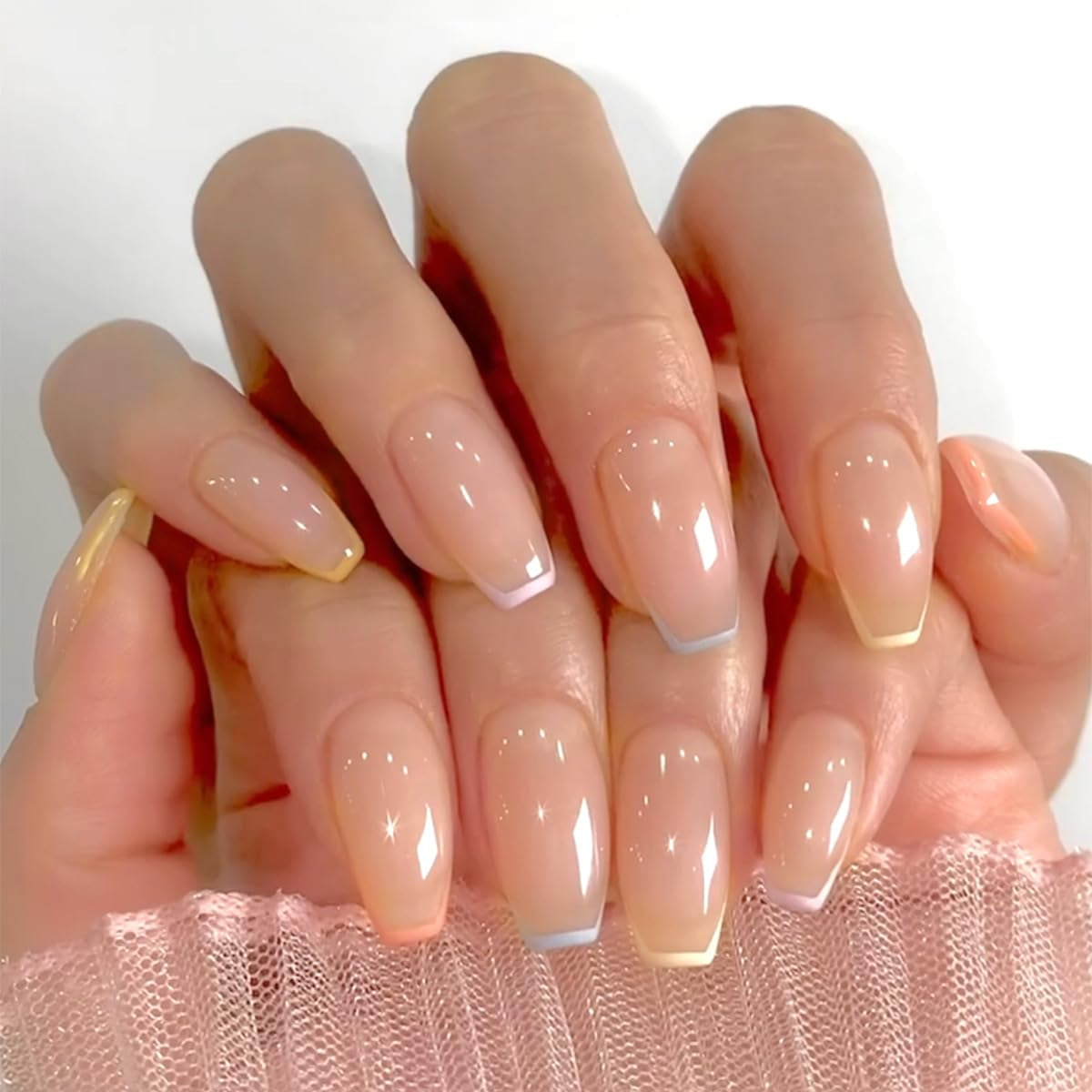 Punte francesi lunghe Colla glitter dorata su unghie lunghe quadrate Punta francese glitterata Unghie finte Set Unghie artificiali quadrate per le donne 24 pezzi