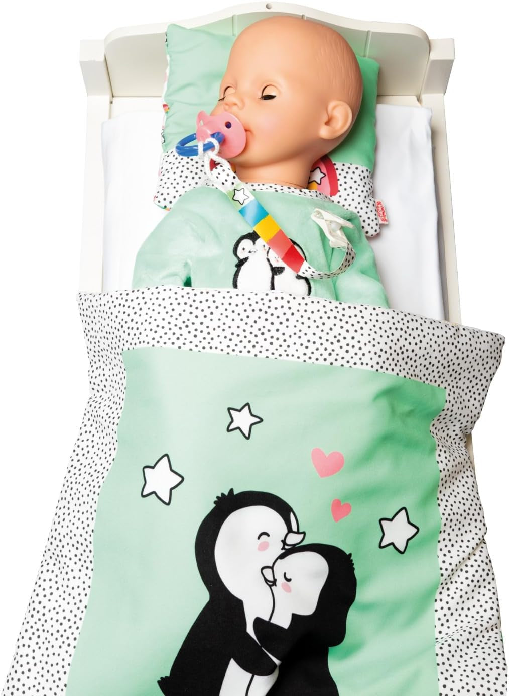 Heless 1181 - Tuta per bambola con design a pois e pinguino, realizzata in morbido velluto con ricamo di alta qualità, misura 28-35 cm