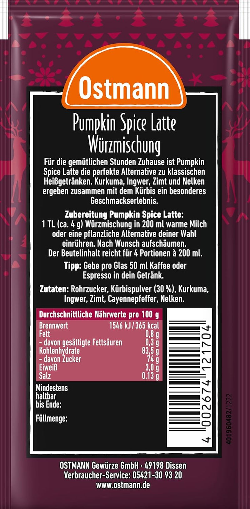 Ostmann Gewürze – Pumpkin Spice Latte Würzmischung, zum Einrühren in Milk mit Kaffee oder Espresso, mit Kürbispulver, 16 g im Beutel (Verpackungsdesign kann abweichen)