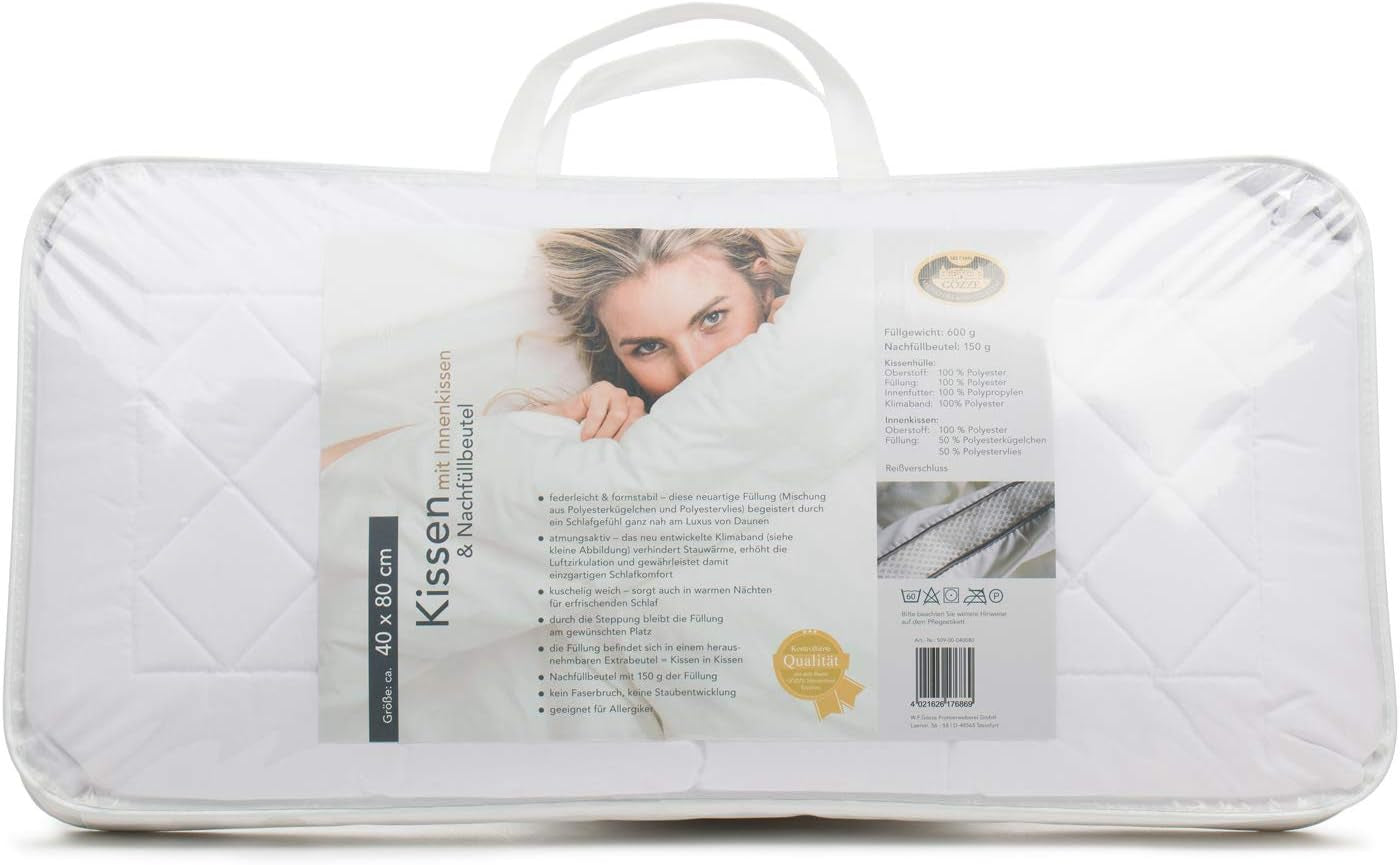 Gözze - Cuscino con cuscino interno 150G e fascia climatica, incluso sacchetto di ricarica, 40 X 80 cm - Cuscini standard Bianco Naty Shop
