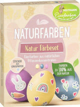 Set di coloranti naturali Heitmann Egg Dye, 3 polveri coloranti all'uovo (giallo, viola, grigio-blu), foglio di adesivi in ​​carta erba