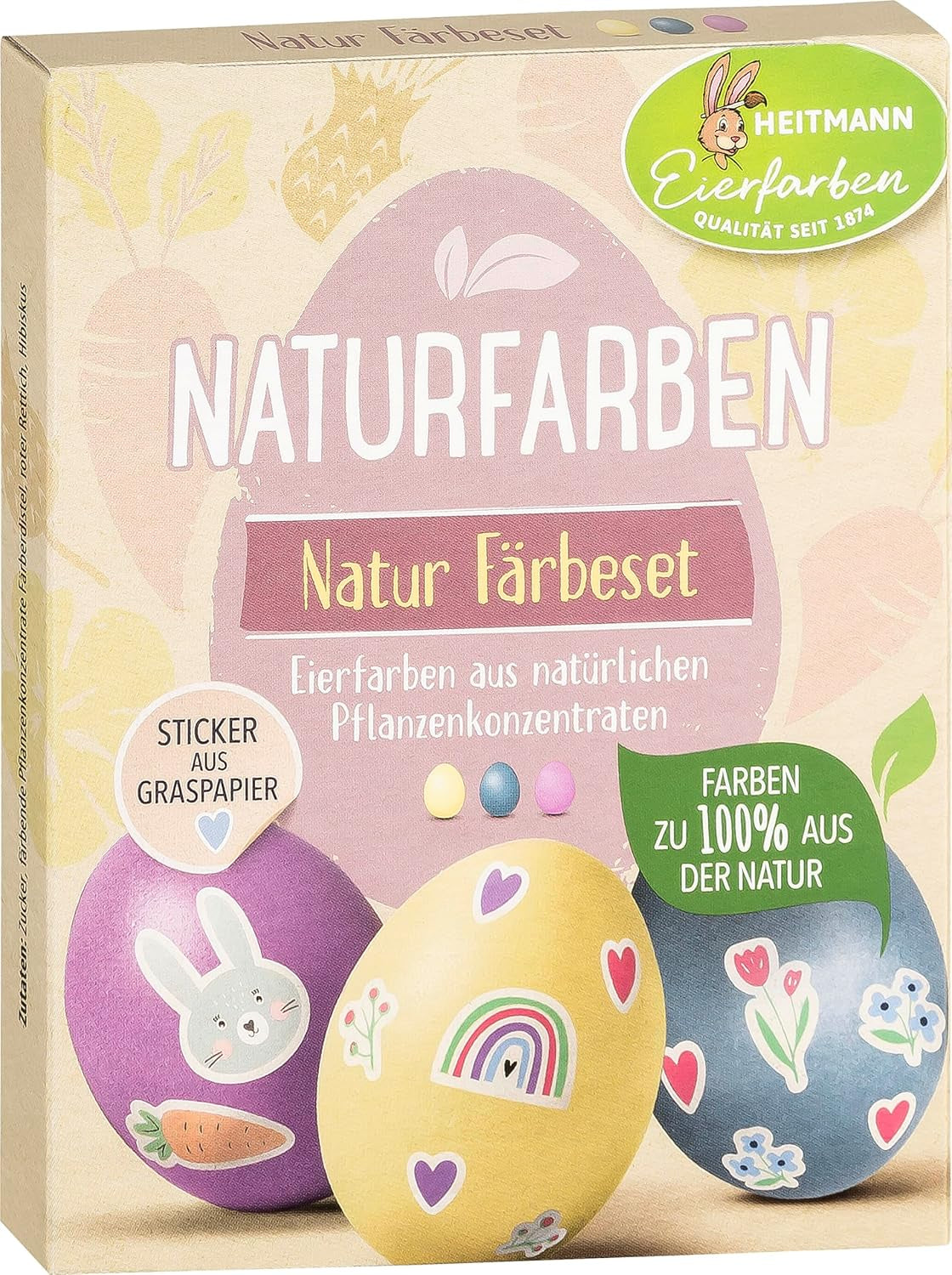 Set di coloranti naturali Heitmann Egg Dye, 3 polveri coloranti all'uovo (giallo, viola, grigio-blu), foglio di adesivi in ​​carta erba