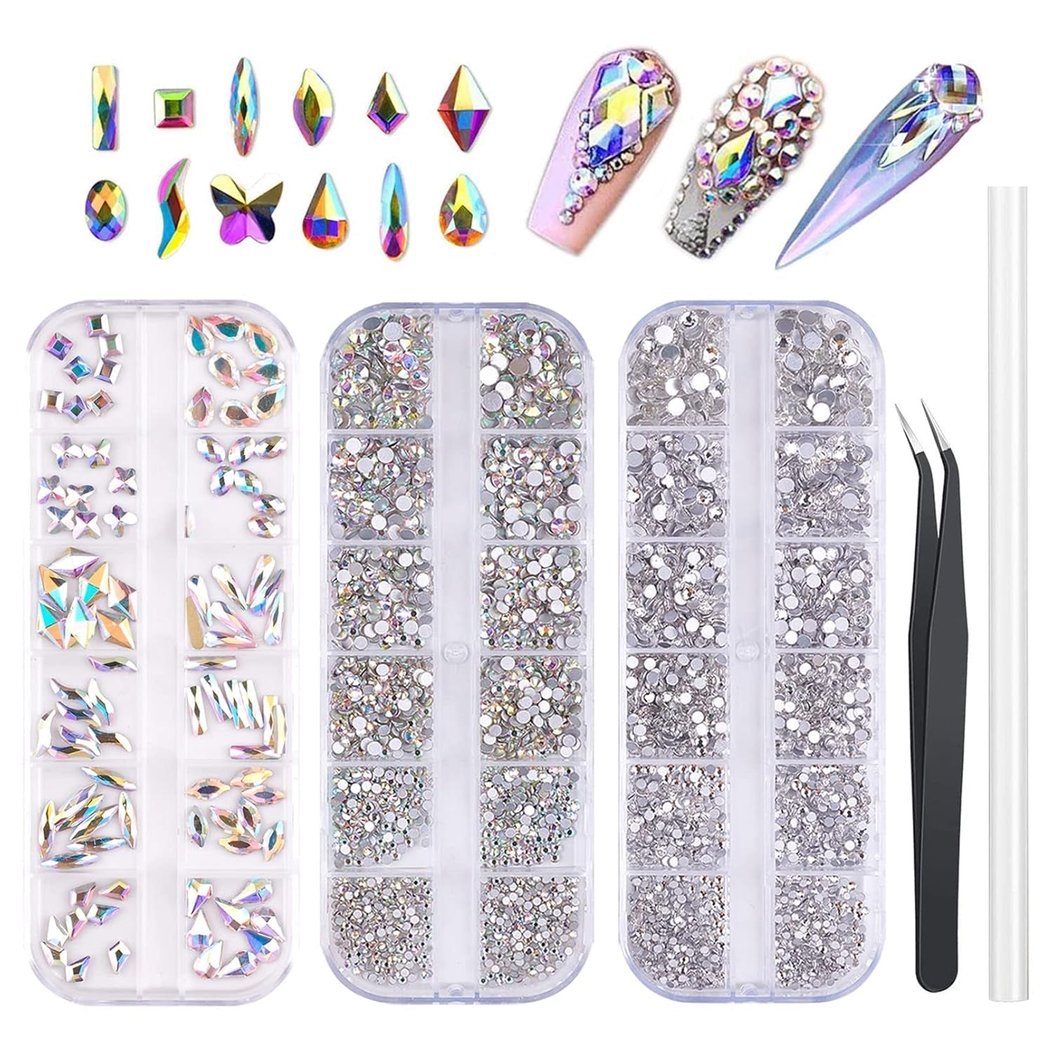 Set 3200 pietre per unghie FITDON Pietre AB in vetro multiforma e pietre AB con diamanti trasparenti per decorazioni per unghie Kit fai da te Gioielli Portachiavi Accessori per unghie