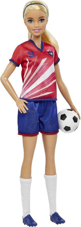 Serie Barbie You Can Be Anything, Calciatrice, Calciatrice dai capelli biondi, Maglia rossa e blu, Palla, Accessori, Bambola inclusa, Regalo per 3 anni e oltre, HCN17