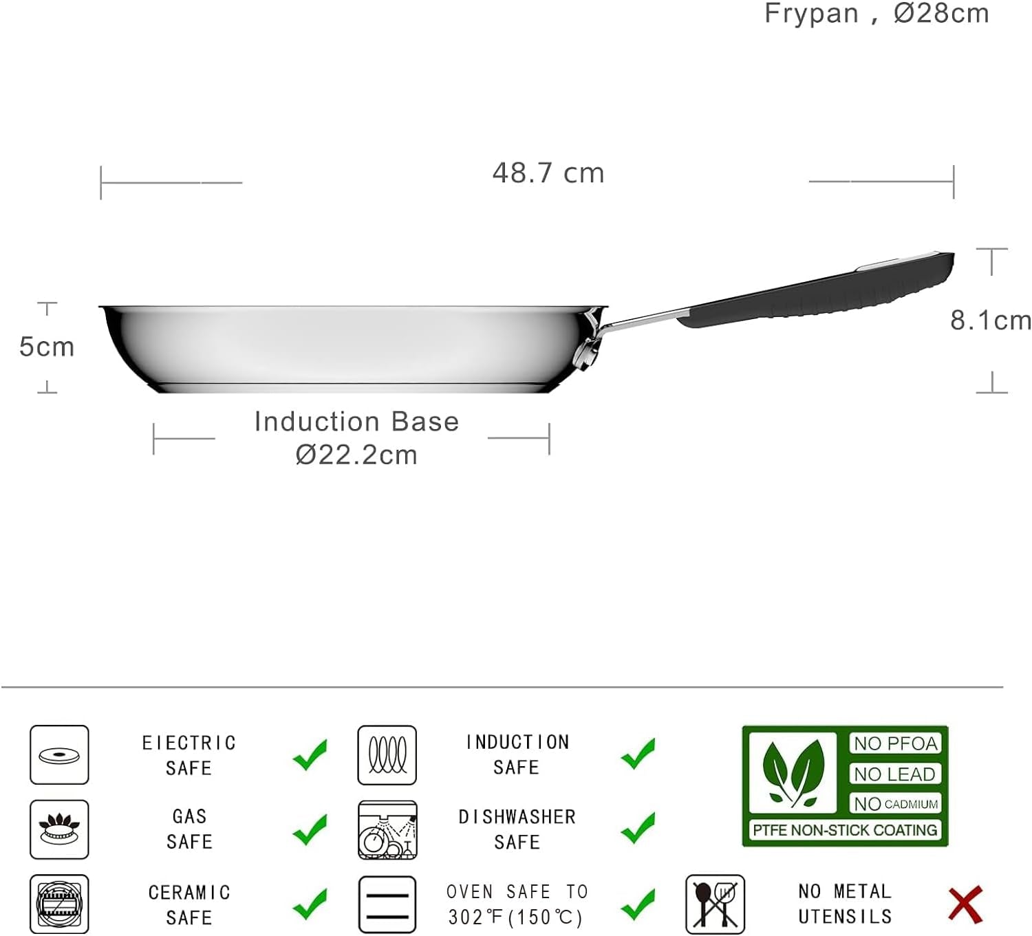 Padella in acciaio inox con rivestimento antiaderente - adatta all'induzione, con comodo manico - 28 Cm Pentole e Padelle Naty Shop